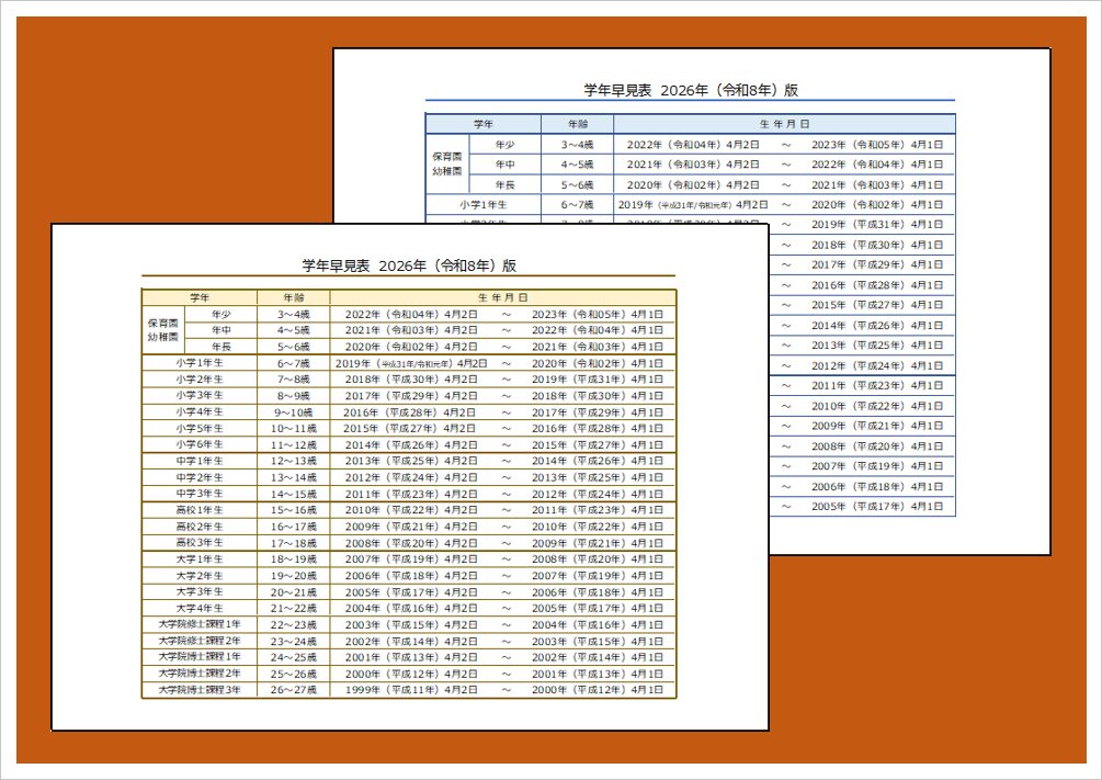 2026年の学年早見表テンプレート