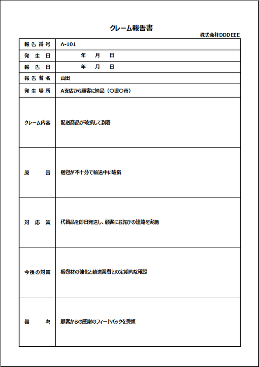 配送破損のクレーム報告書のテンプレート