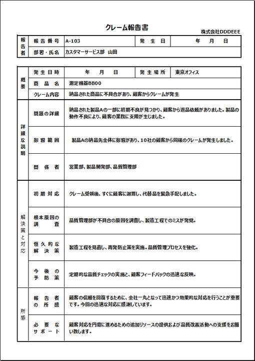 商品初期不良のクレーム報告書のテンプレート