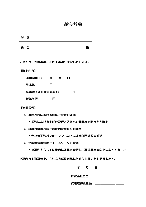 給与改定を正式に通知する給与辞令