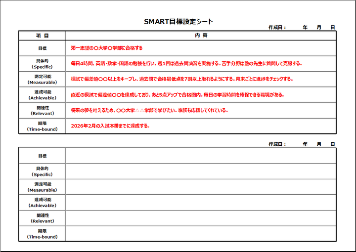 2つの目標を丁寧に書ける個別記述型のSMART目標設定シート