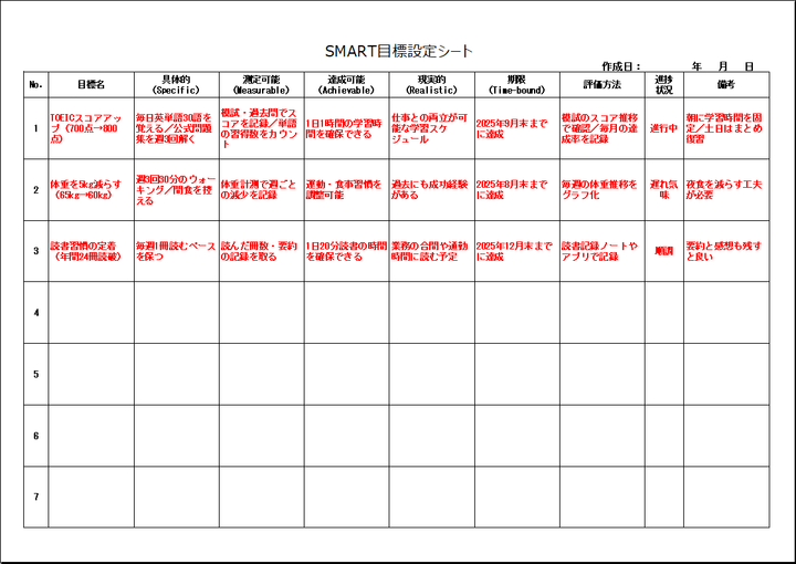 7件分を一括で管理できる一覧形式のSMART目標設定シート