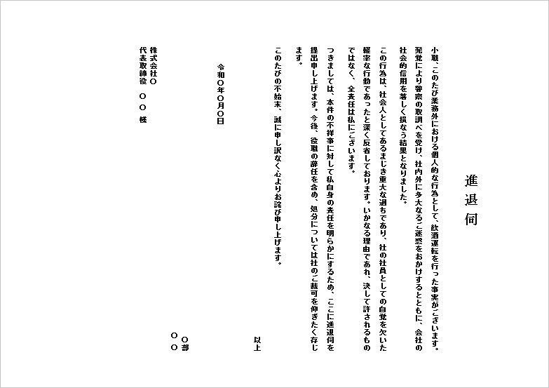 不祥事(飲酒運転)による信用失墜の進退伺テンプレート