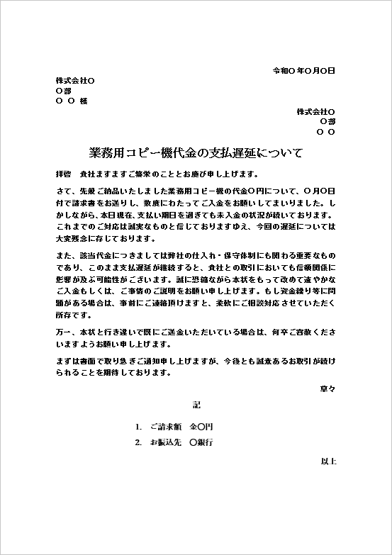 資金繰りや信頼関係の重要性を強調した支払遅延抗議文書のテンプレート