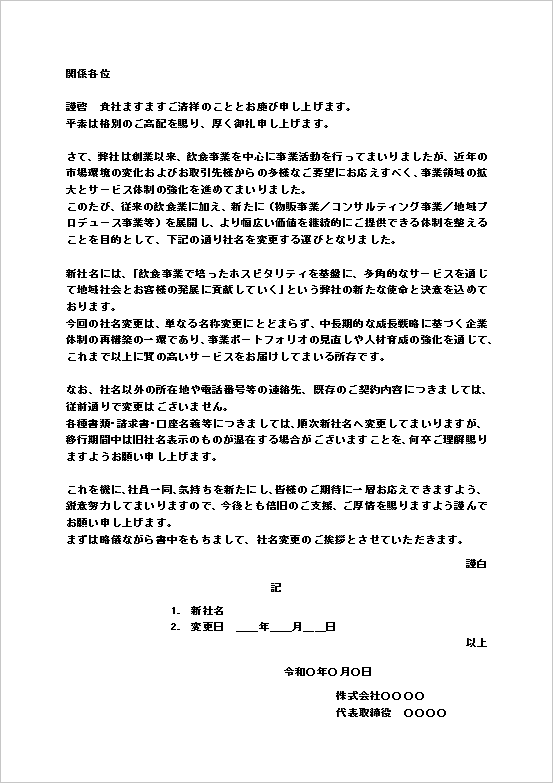 (A4縦文書)事業を多角化する場合の会社名変更の挨拶文