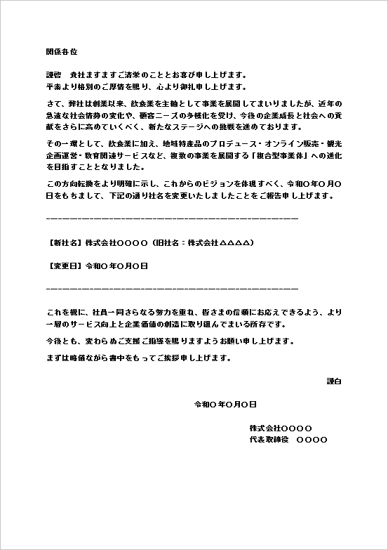 (A4縦文書)複合型事業体への転換を想定した会社名変更の挨拶文