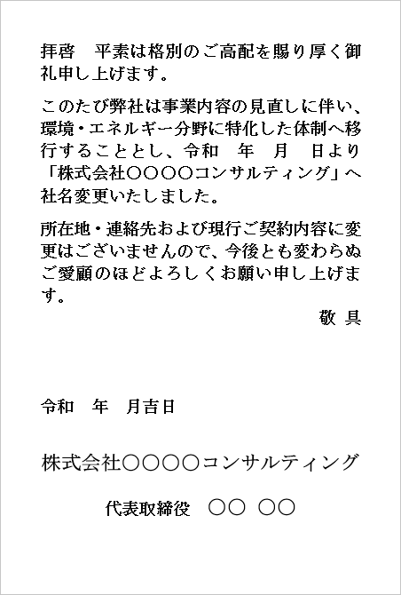 (はがき横書き)コンサルティング会社等へを想定した会社名変更の挨拶文