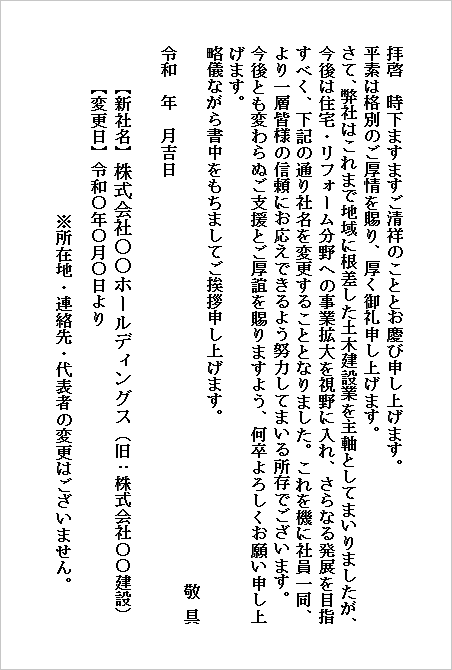 (はがき縦書き)事業拡大を想定した会社名変更の挨拶文