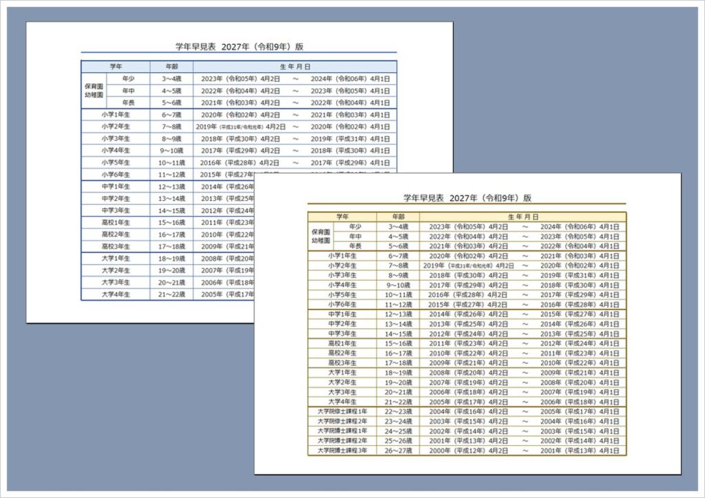 2027年 学年早見表（令和9年）｜年齢・生年月日一覧【無料Excel】
