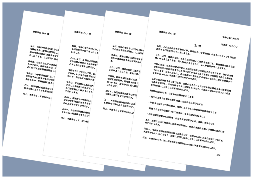 念書テンプレート（遅刻・規則違反・業務ミス・ハラスメント対応）のビジネス文書イメージ