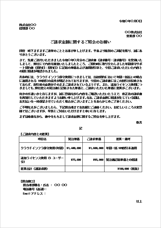 ご請求金額に関するご照会のお願いテンプレートのWord文書キャプチャー画像。クラウド保守契約の請求単価や割引条件確認向けビジネス文書。