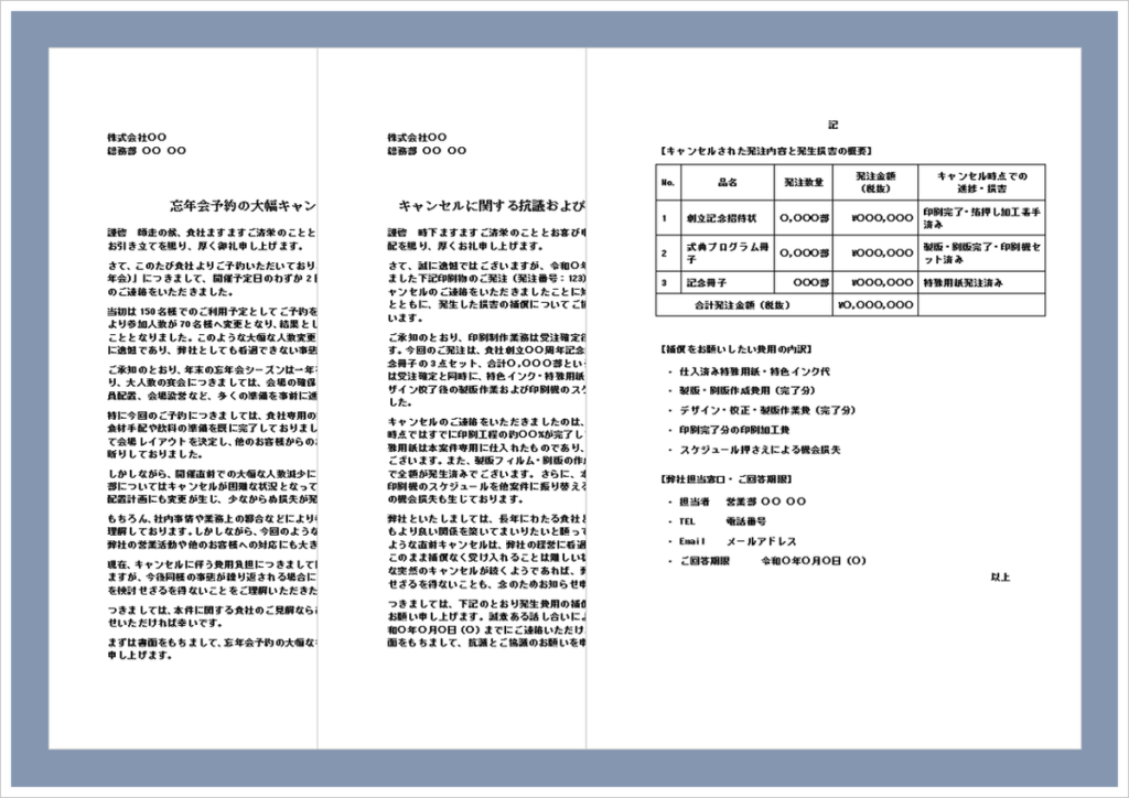 予約キャンセルに対する抗議状テンプレートのイメージ。忘年会予約や発注キャンセルによる損害について抗議し、補償や対応を求めるビジネス文書。