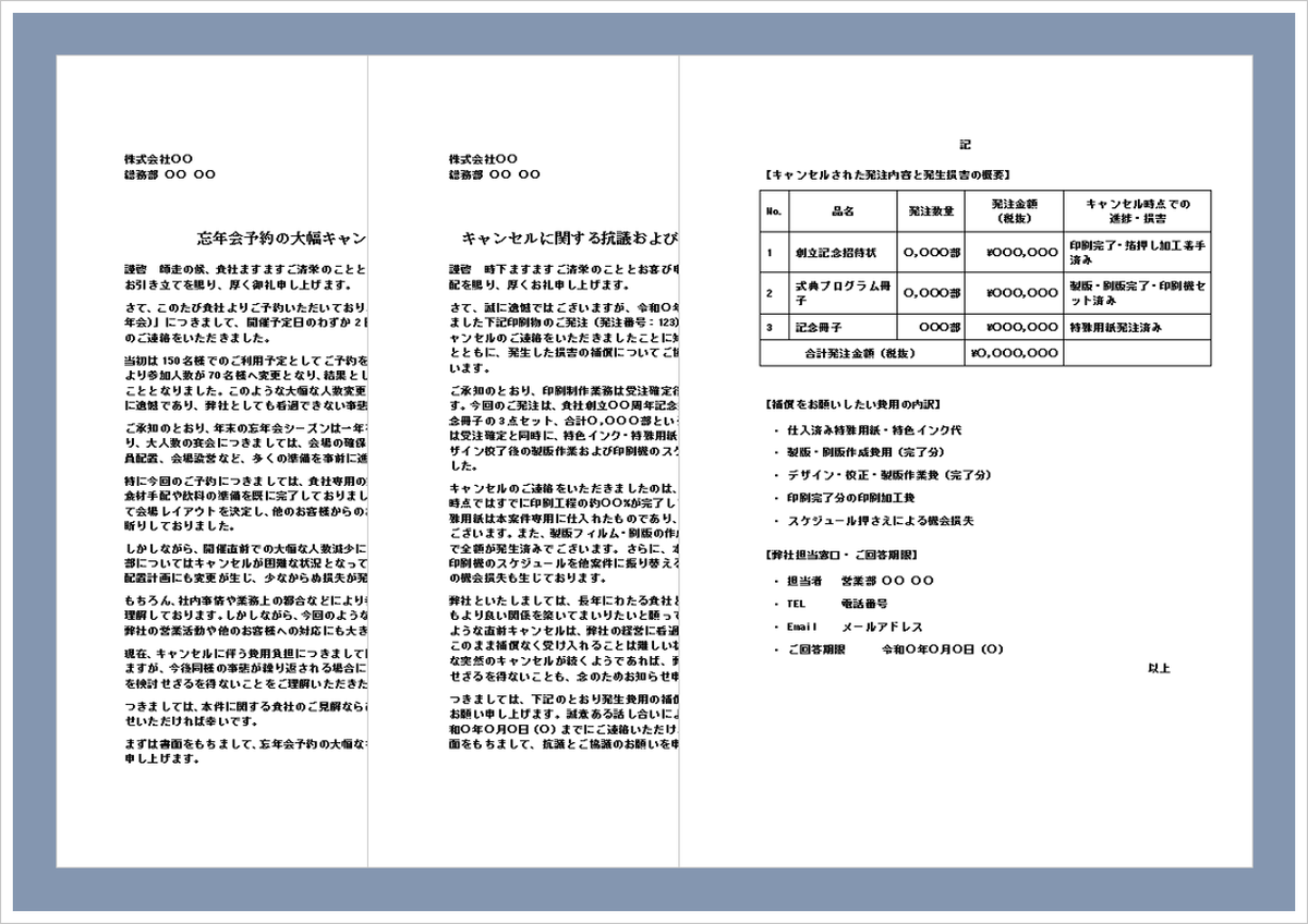 予約キャンセルに対する抗議状テンプレートのイメージ。忘年会予約や発注キャンセルによる損害について抗議し、補償や対応を求めるビジネス文書。