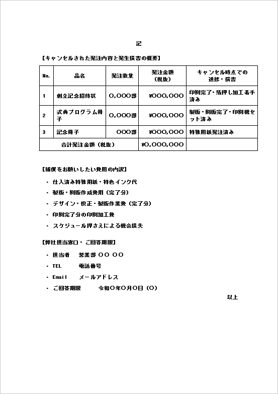 印刷物発注キャンセルに対する抗議状テンプレート2ページ目。損害内訳や補償請求内容をまとめた文例。