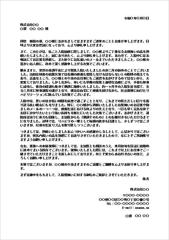 入院見舞いのお礼状（取引先個人宛て・丁寧）のWordテンプレート画面