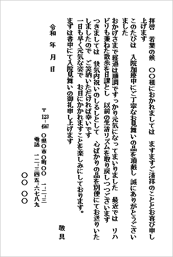 快気内祝いにも使える入院見舞いのお礼状ハガキテンプレート