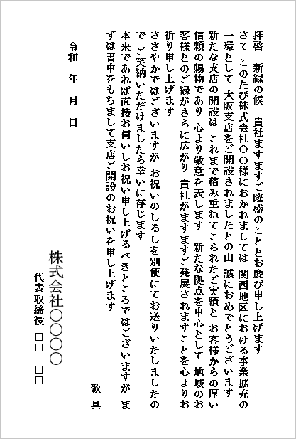 支店開設のお祝い状のハガキ形式Wordテンプレートの文例