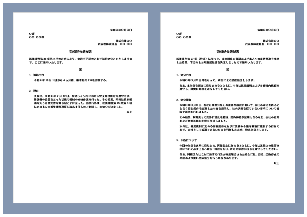 懲戒処分通知書テンプレート（Word）の無料ダウンロードページ。減給処分や戒告処分に対応した編集可能な社内通知書テンプレート。