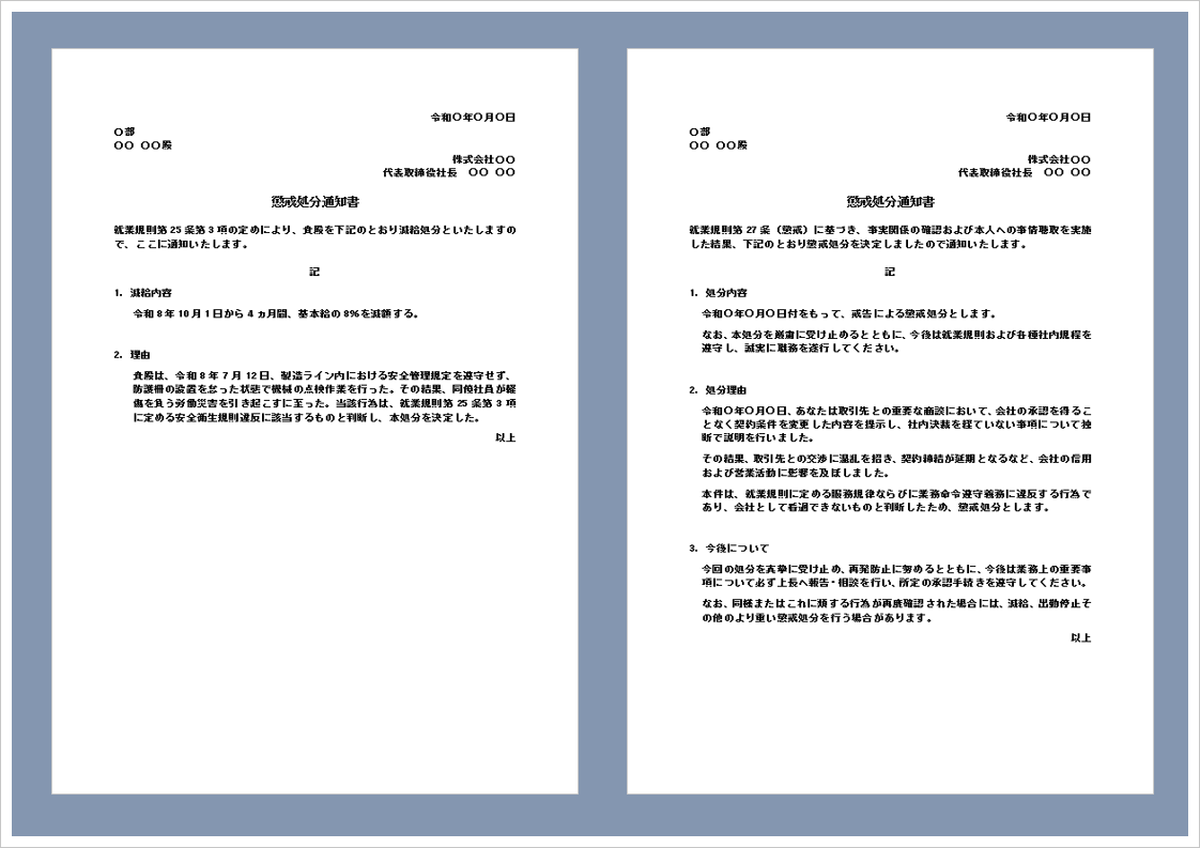 懲戒処分通知書テンプレート（Word）の無料ダウンロードページ。減給処分や戒告処分に対応した編集可能な社内通知書テンプレート。