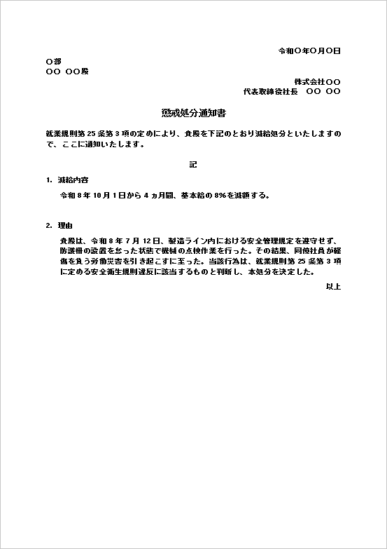 減給処分の懲戒処分通知書Wordテンプレート。安全衛生規則違反を理由とした社内通知書の文例。