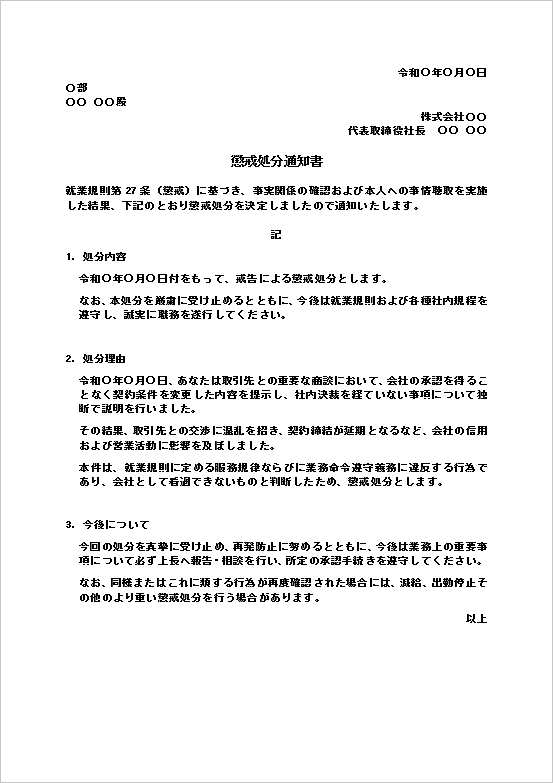 戒告処分の懲戒処分通知書Wordテンプレート。業務命令違反に対応した社内通知書の文例。