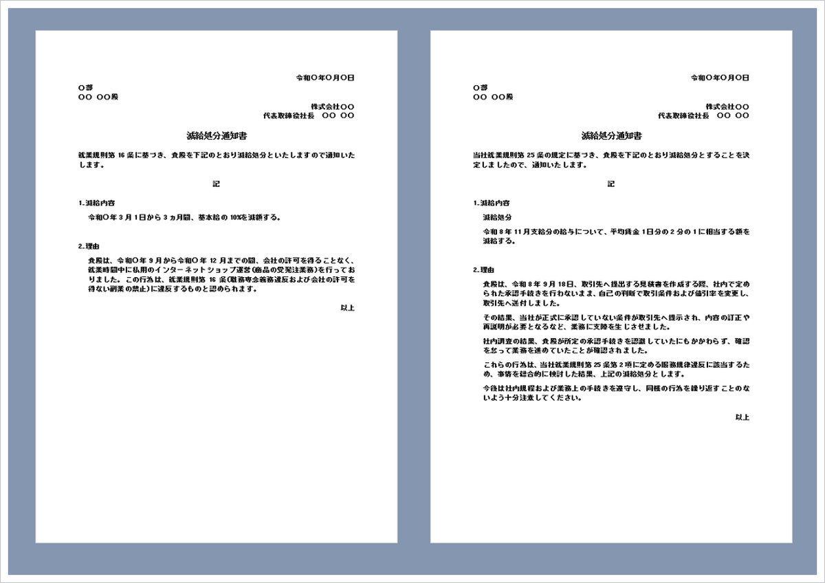 減給処分通知書のWord無料テンプレート｜書き方と文例