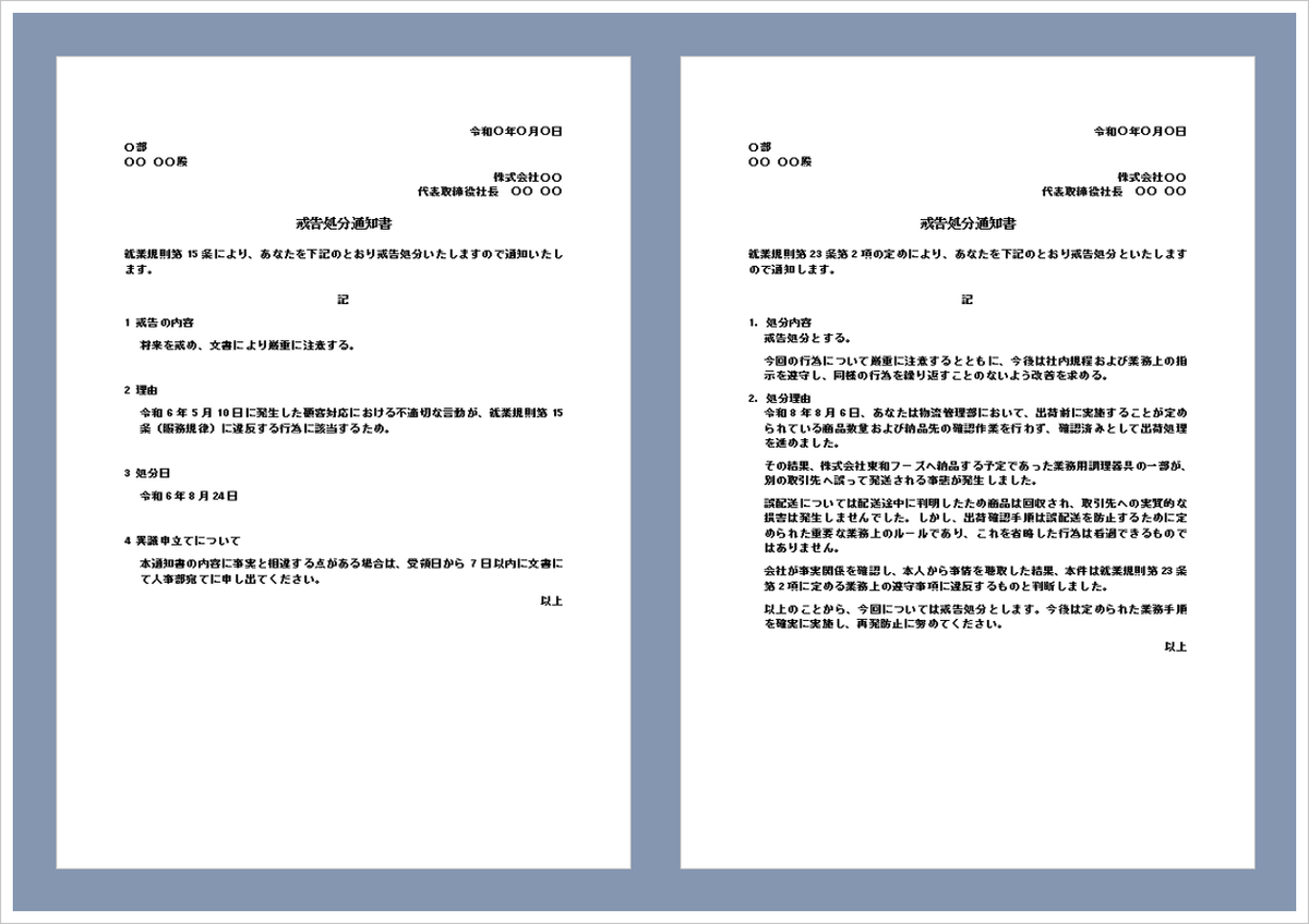 戒告処分通知書の無料Wordテンプレート｜書き方・文例・作成ポイント