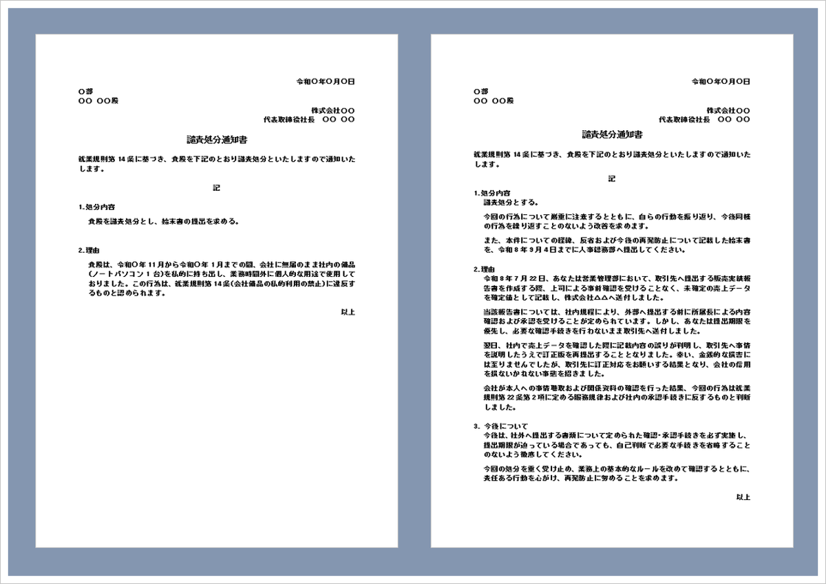 譴責処分通知書の無料Wordテンプレート｜書き方・処分理由・文例
