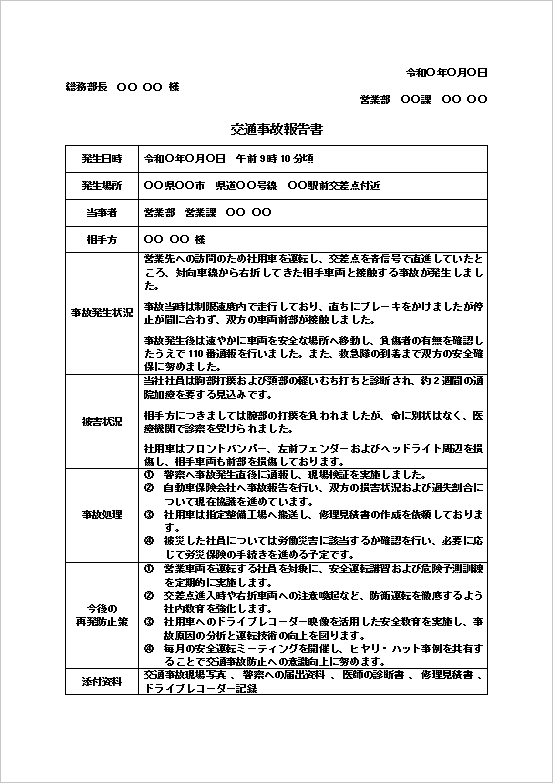 交差点での接触事故を例にした交通事故報告書のWordテンプレートを表示したキャプチャー画像