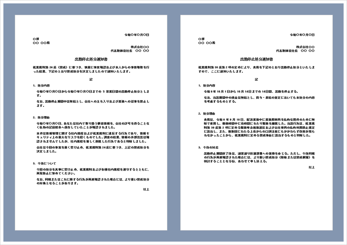 出勤停止処分通知書テンプレート（Word）の無料ダウンロードページ。懲戒処分通知書として使える編集可能な社内文書テンプレート。