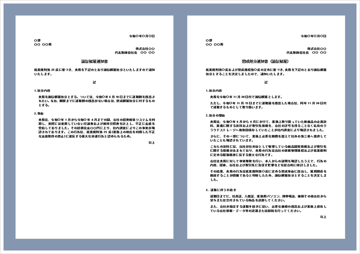 諭旨解雇通知書のWordテンプレート無料ダウンロード