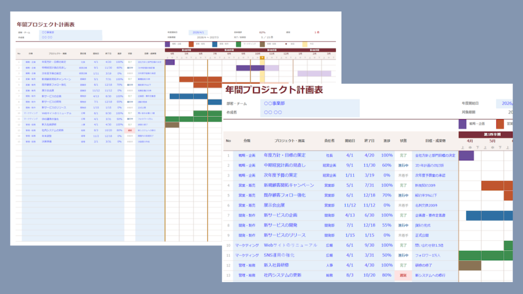 年間プロジェクト計画表の無料Excelテンプレート。月別・上旬・中旬・下旬のガントチャートで1年間の施策と進捗を管理